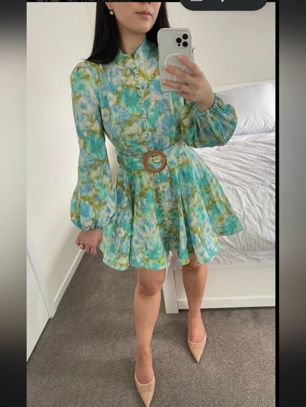 Zimmermann High Tide Blue Floral Linen Belted Tropical Mini Dress Size 1/Size 6